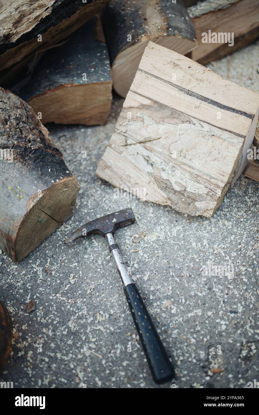 Hammer auf den Betonboden neben Brennholz. Stockfoto