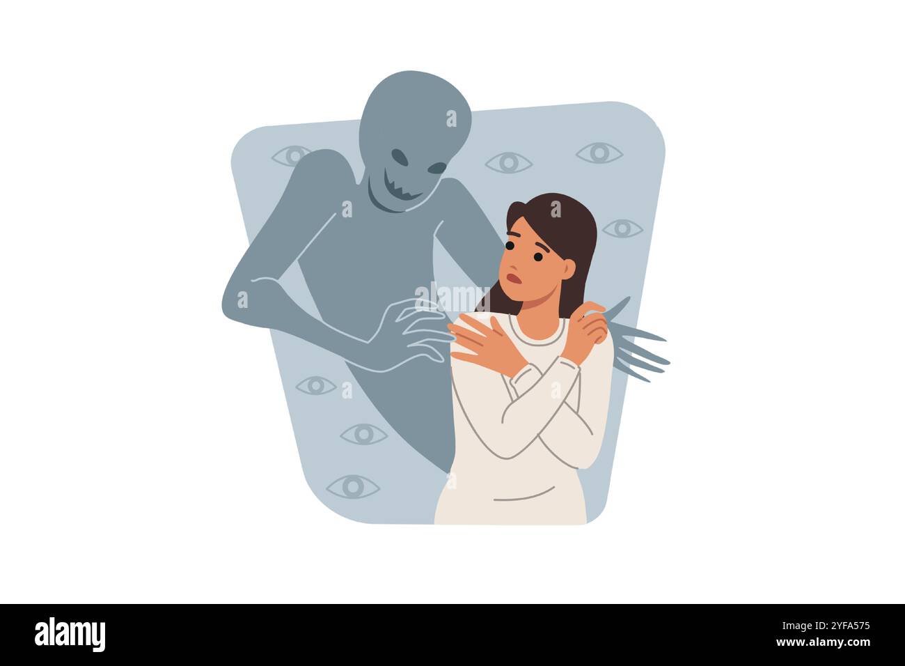 Eine wehrlose Frau halluziniert den Geist aufgrund einer psychischen Störung oder Schizophrenie Stock Vektor