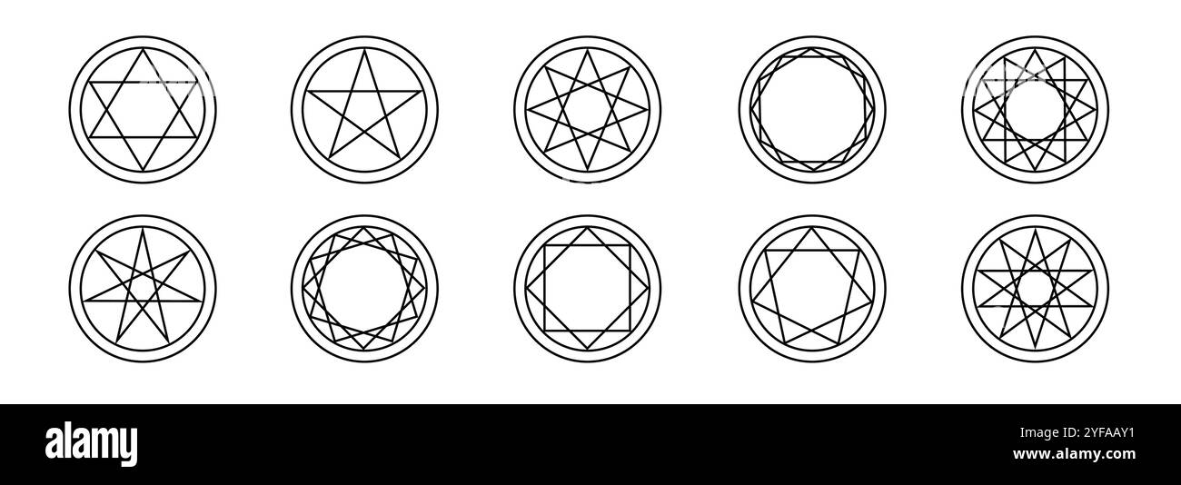 Geometrische Pentagrammsymbole mit heiligen, minimalistischen Konturen. Stock Vektor