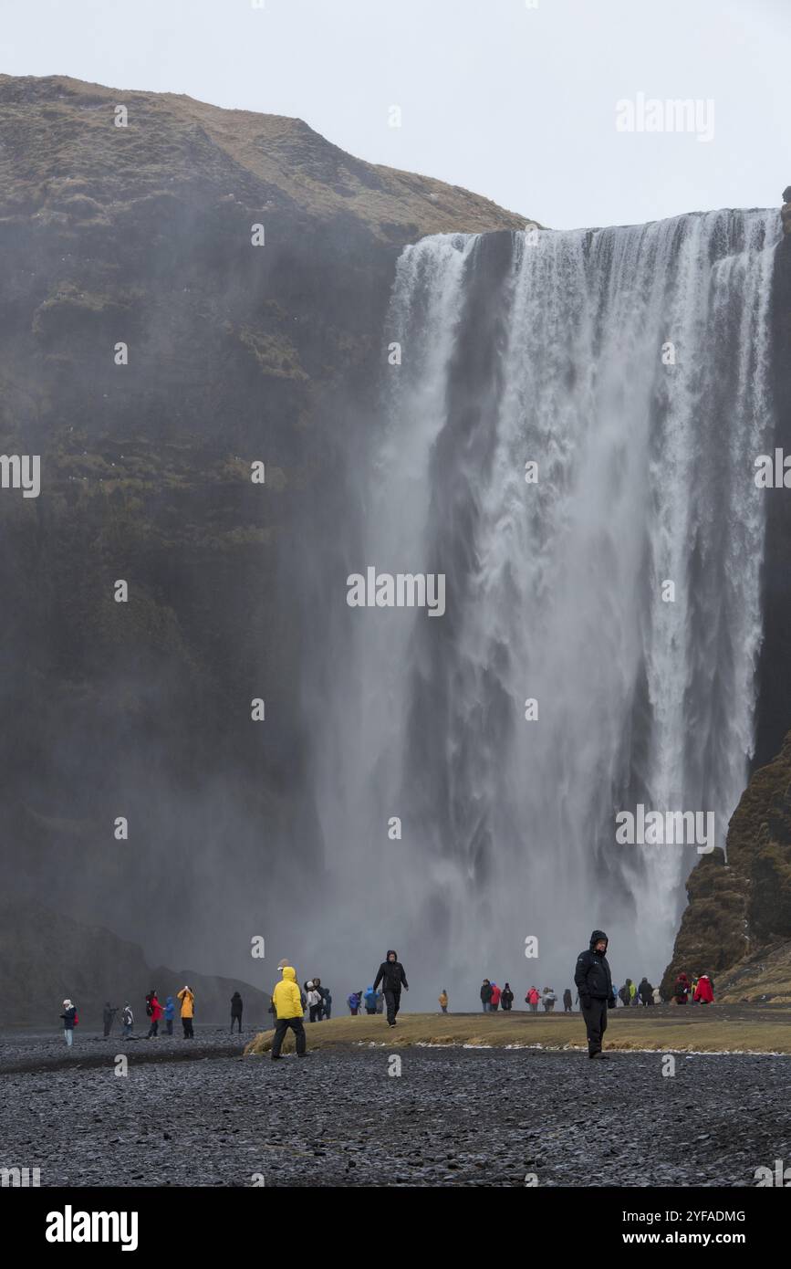 Skogafoos Wasserfall, Island, 24. März 2016. Touristen am skogafoss-Wasserfall am Skoga-Fluss in Island. Isländische Wasserfälle, Europa Stockfoto