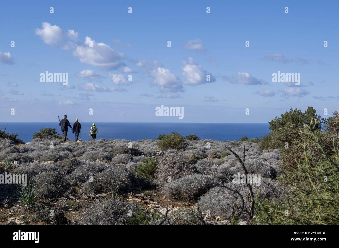 Gruppe unbekannter Menschen, die auf einem Küstenpfad in der Natur wandern. Gesunder Lebensstil Wandern im Freien Stockfoto