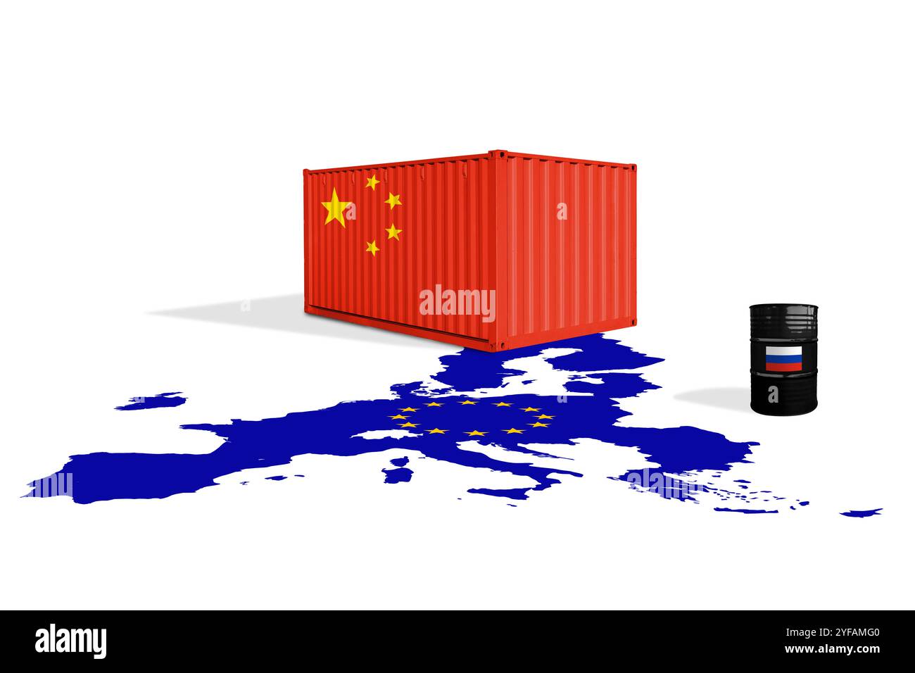 Seecontainer mit China und Rohölfass mit russischen Flaggen auf einer Flaggenkarte der Europäischen Union. Handelskrieg zwischen China und Europa. Sanktionen gegen Russland Stockfoto
