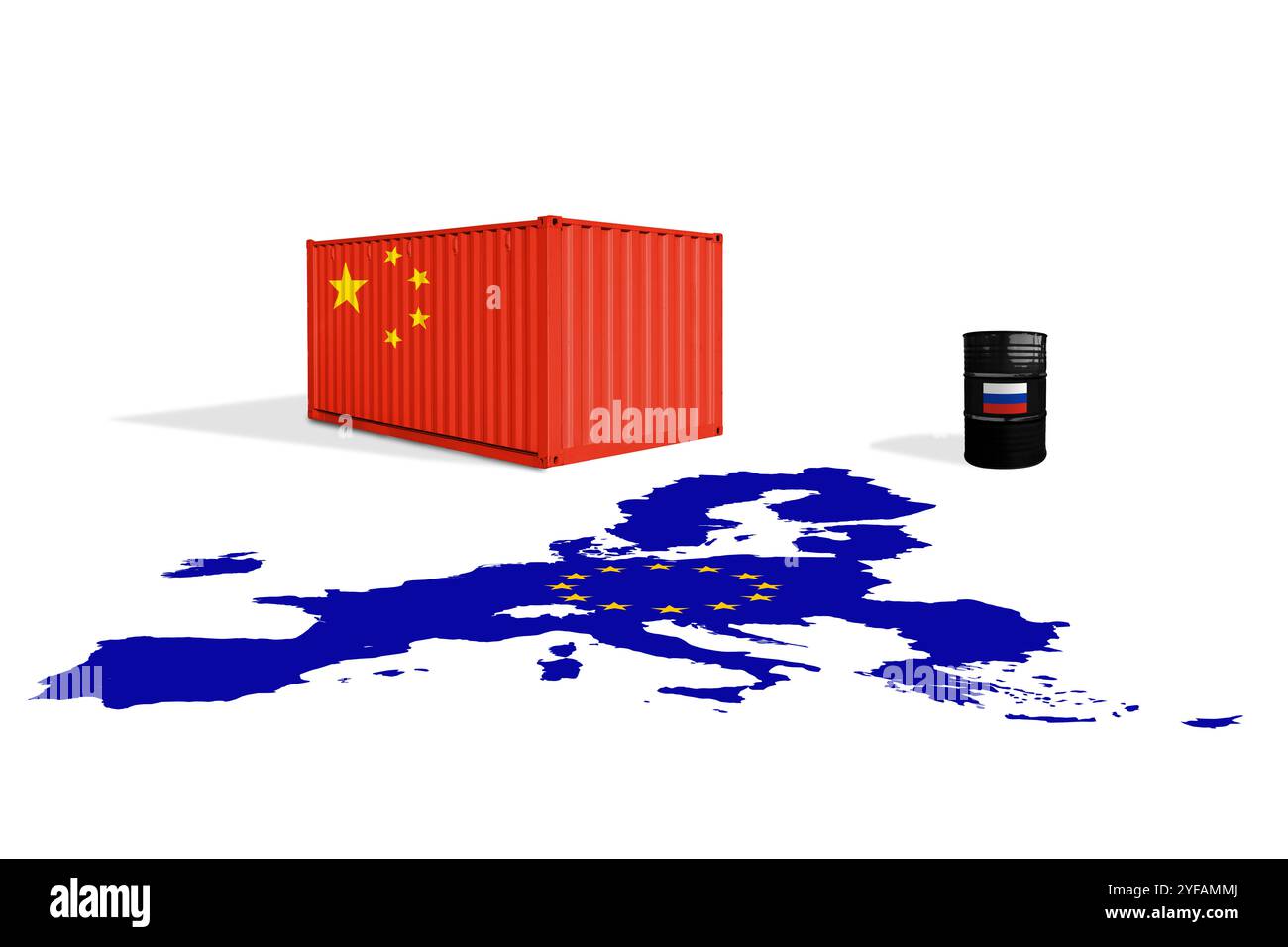 Seecontainer mit China und Rohölfass mit russischen Flaggen auf einer Flaggenkarte der Europäischen Union. Handelskrieg zwischen China und Europa. Sanktionen gegen Russland Stockfoto