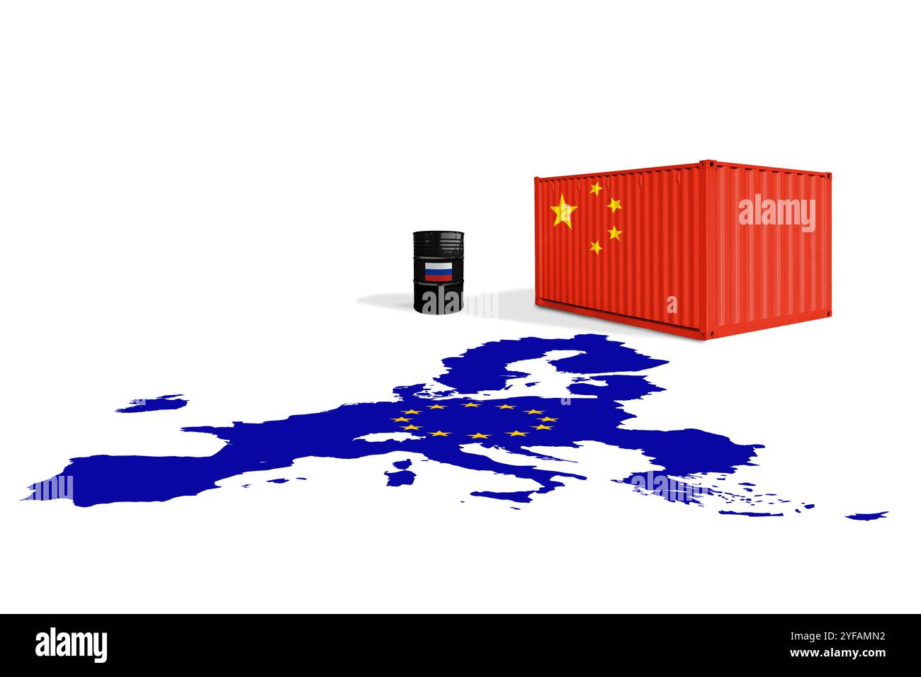 Seecontainer mit China und Rohölfass mit russischen Flaggen auf einer Flaggenkarte der Europäischen Union. Handelskrieg zwischen China und Europa. Sanktionen gegen Russland Stockfoto