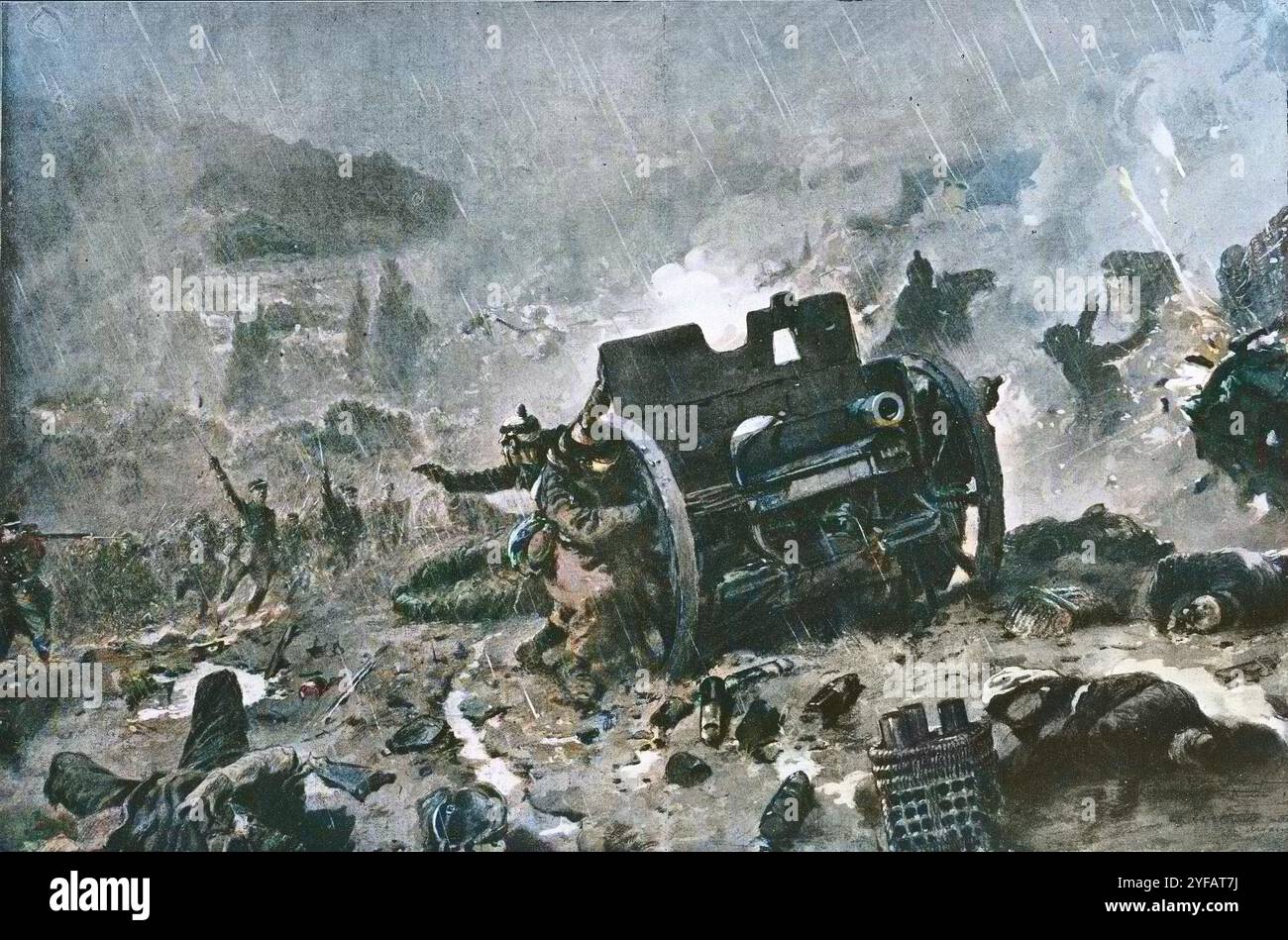 Deutsche Artillerie von französischer Infanterie bei sintflutartigen Regenfällen angegriffen, Argonne, Frankreich, erster Weltkrieg, Zeichnung von Paul Thiriat, aus L’Illustrazione Italiana, 8. November 1914 - digitale Färbung Stockfoto