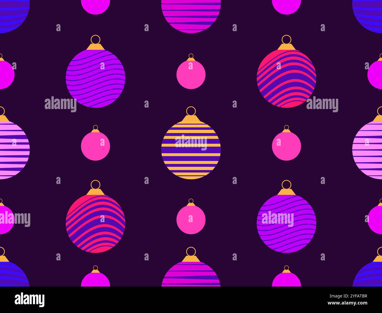 Nahtloses Muster mit Weihnachtskugeln mit Streifenmuster. Weihnachtsschmuck, jede Dekoration ist mit Streifen verziert. Weihnachtsdesign für Verpackungen, Stock Vektor