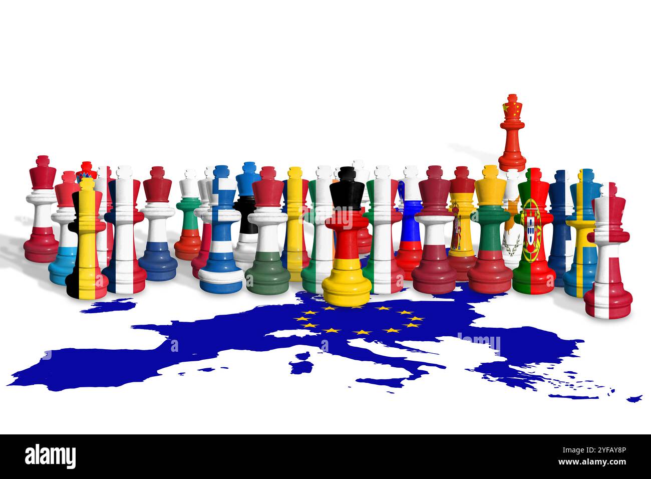 Schach aus EU-Mitgliedstaaten und China-Flaggen isoliert auf weißem Hintergrund mit der Flaggenkarte der Europäischen Union. Handelskrieg zwischen China und Europa. EU gefährlich d Stockfoto