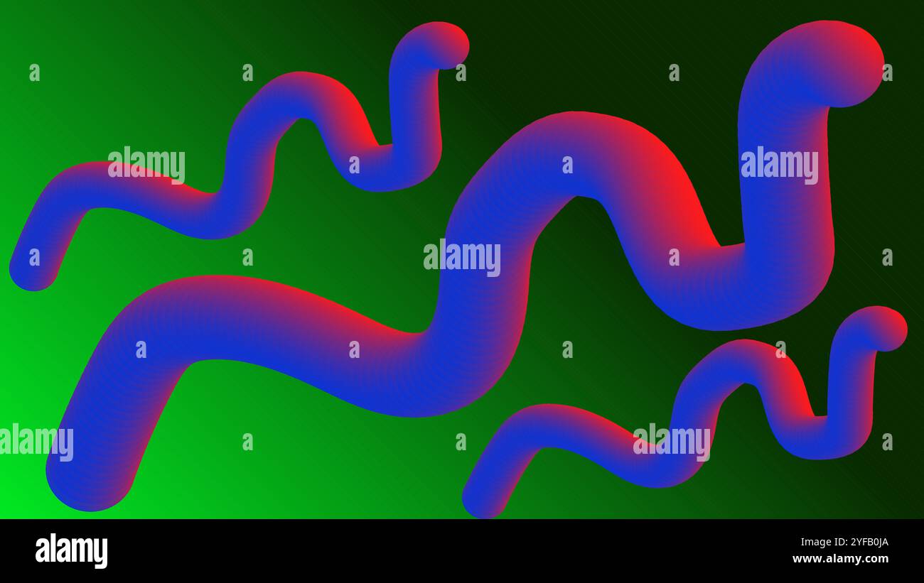 Drei wellige Objekte wie Schlange mit rosa blauem Verlauf auf grünem Hintergrund Stock Vektor