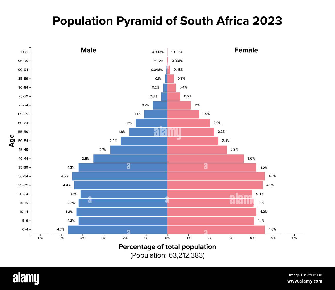 Südafrika, Bevölkerungspyramide, 2023. Altersstrukturdiagramm und graphische Darstellung der Verteilung von über 63 Millionen Menschen. Stockfoto