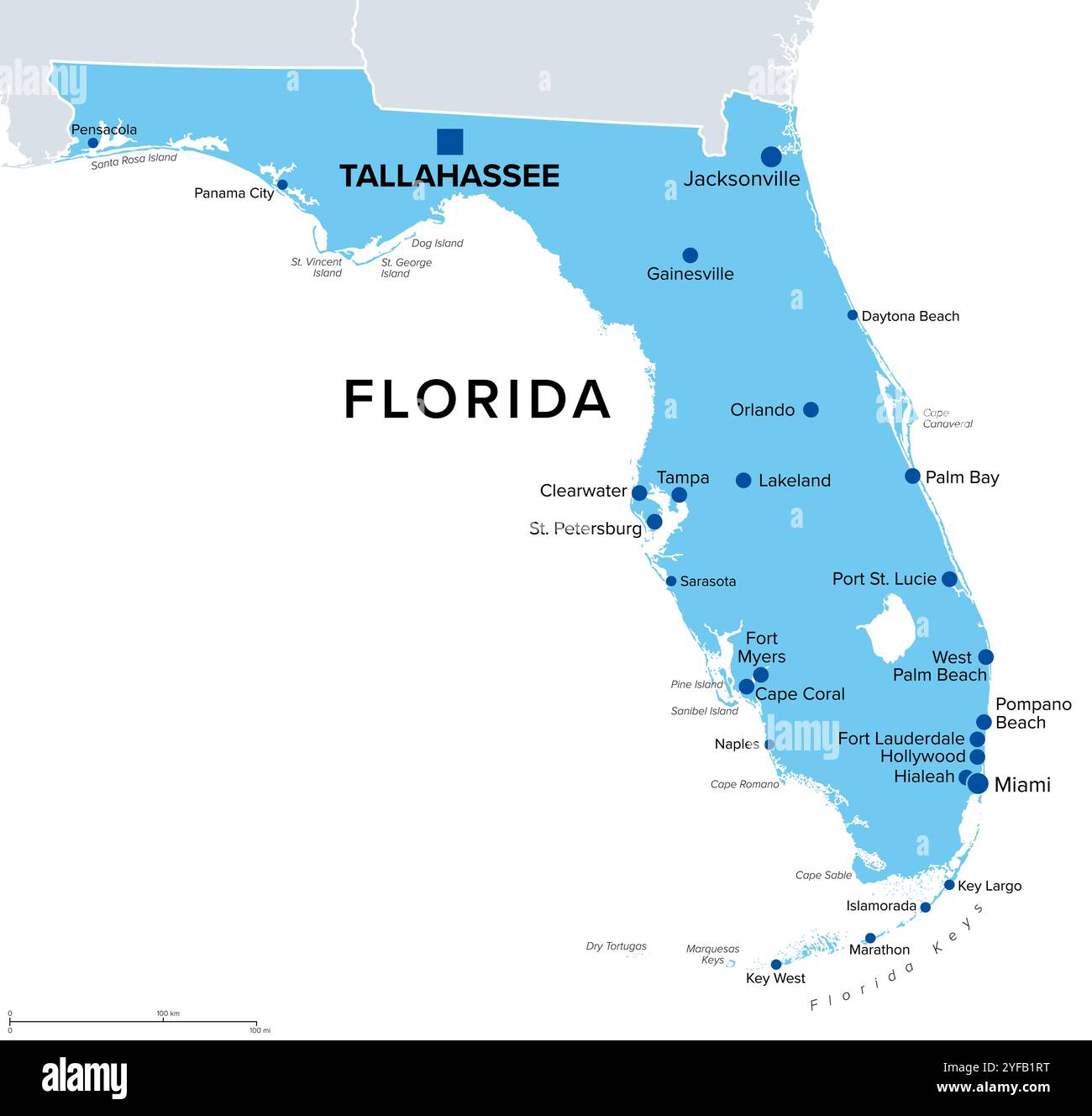 Florida, US-Bundesstaat, politische Karte. Bundesstaat im Südosten der Vereinigten Staaten mit der Hauptstadt Tallahassee und den größten Städten. Stockfoto