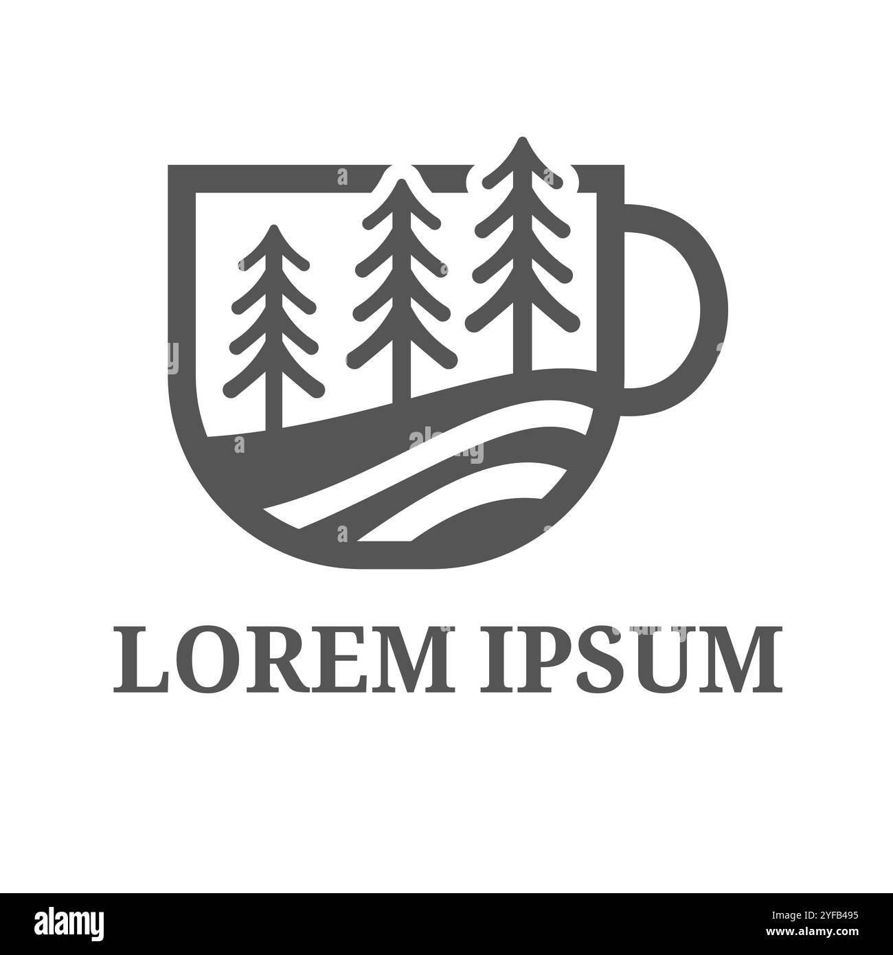 Einfache Vektor-Logo-Illustration von Kiefer und gekrümmtem Fluss Fluss innerhalb Coffee Cup Silhouette. Dieses Design eignet sich für Cafés, Coffee Sho Stock Vektor