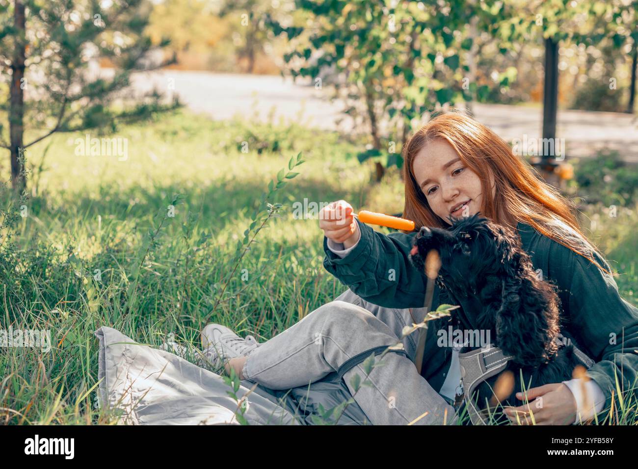 Ice Pops als gemeinsames Erlebnis zwischen den Besitzern und ihren Haustieren, das süße und lustige Momente hervorhebt Stockfoto