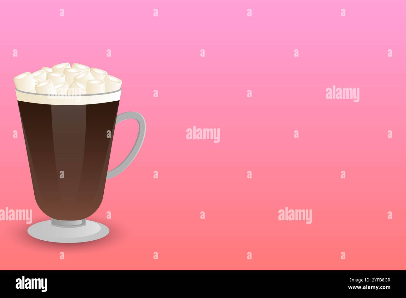 Glas heiße Schokolade mit Marshmallows auf der Seite auf leerem Hintergrund. Stockfoto