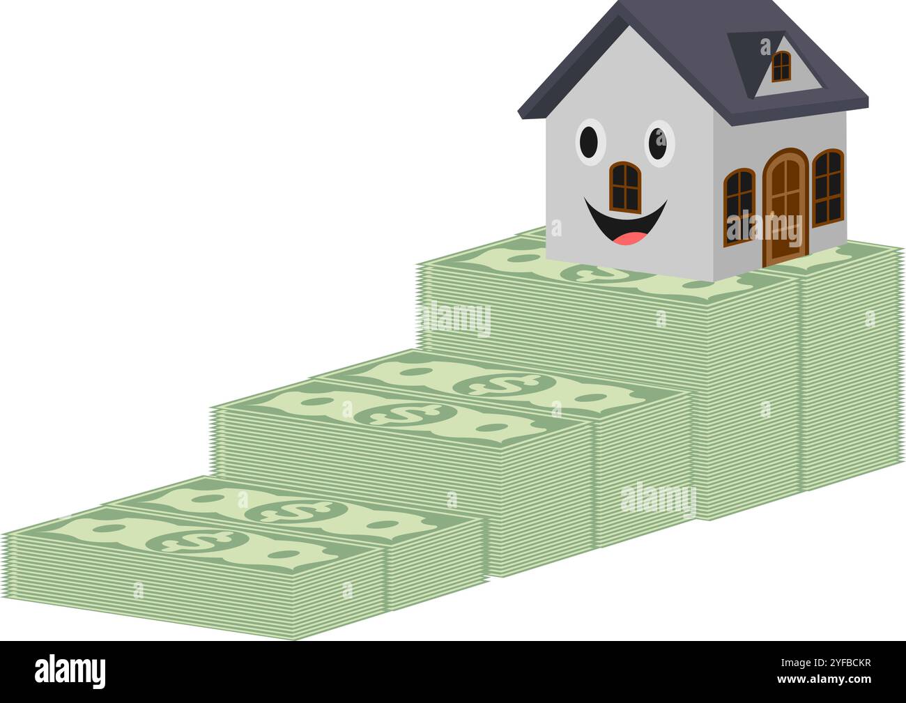 Das Haus steht oben auf einem höheren Stapel Geld, Banken, Finanzen, Darlehen, Hauspreiskonzept. Vektorillustration isoliert auf weißem Hintergrund. Stock Vektor
