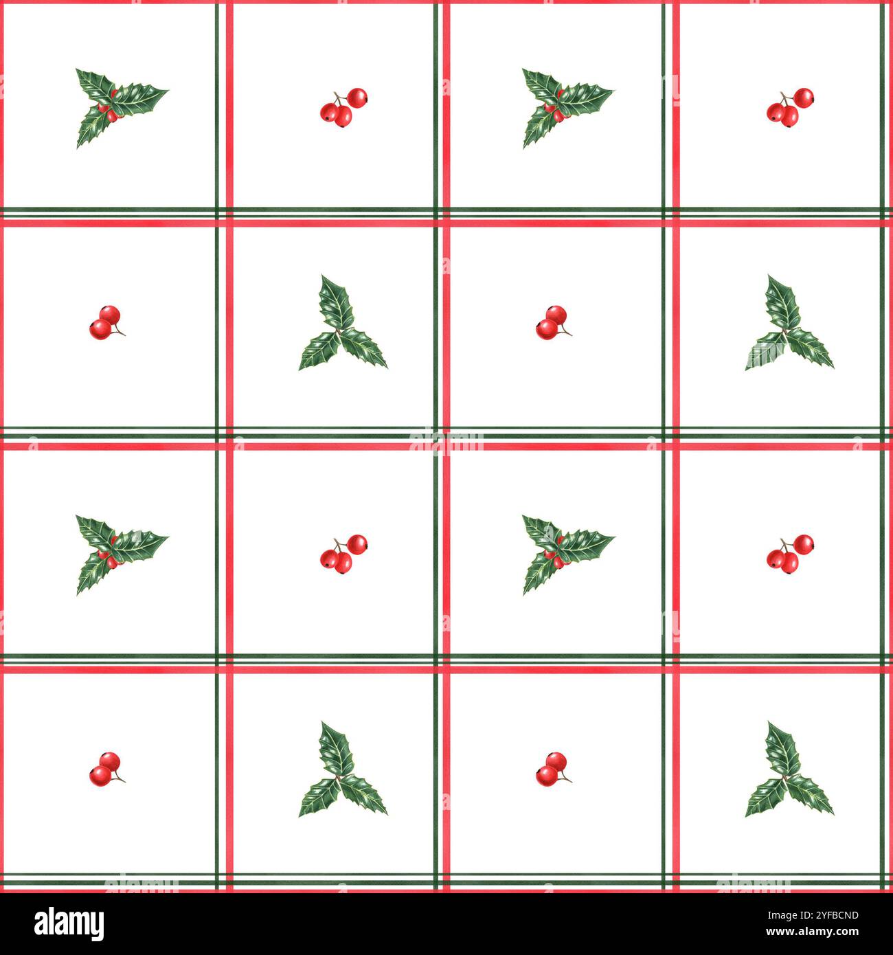 Stechpalme-Beeren mit nahtlosem Muster in Aquarellfarben. Traditionelle florale Weihnachtsrot-grüne karierte Illustration für Weihnachtsdekoration, Stockfoto