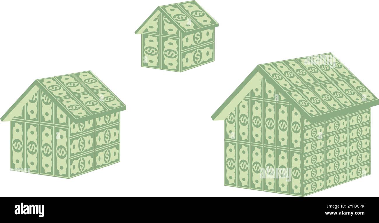 Haus aus Stapel oder Stapel Geld. Bankwesen, Finanzen, Darlehen, Hauspreiskonzept. Vektorillustration isoliert auf weißem Hintergrund. Stock Vektor