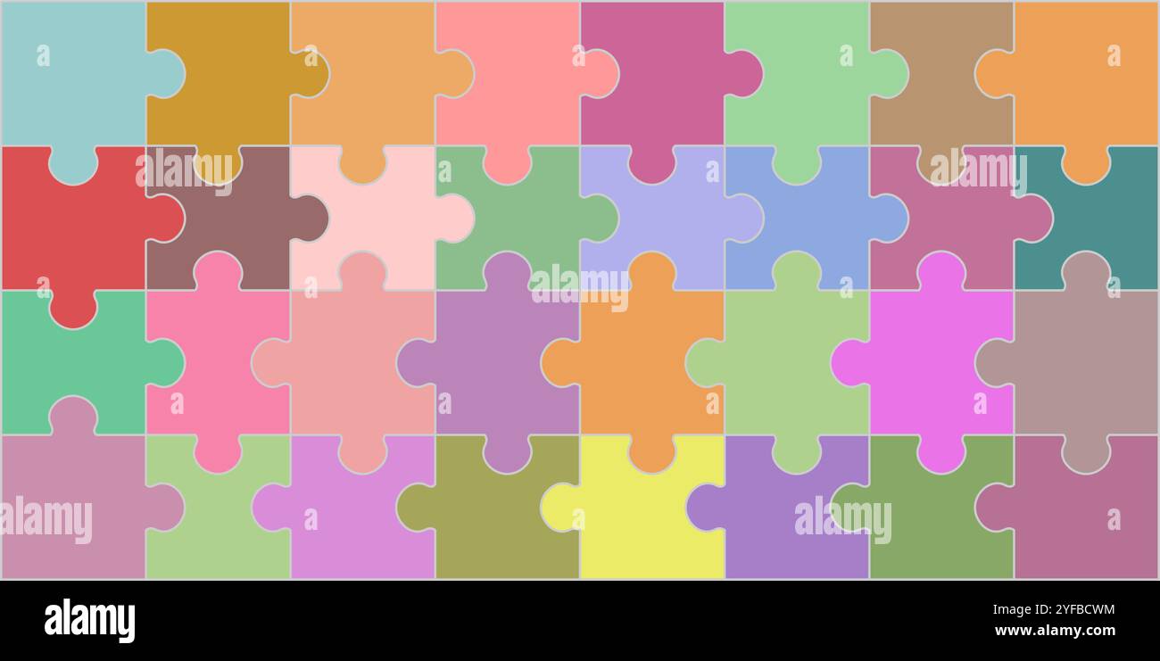 Bunte Puzzleteile 8x4 Block quadratisch. Vektorillustration isoliert auf weißem Hintergrund. Stock Vektor