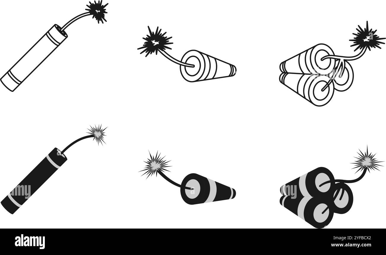 Dynamit- oder TNT-Symbolsatz Vektorillustration isoliert auf weißem Hintergrund. Stock Vektor