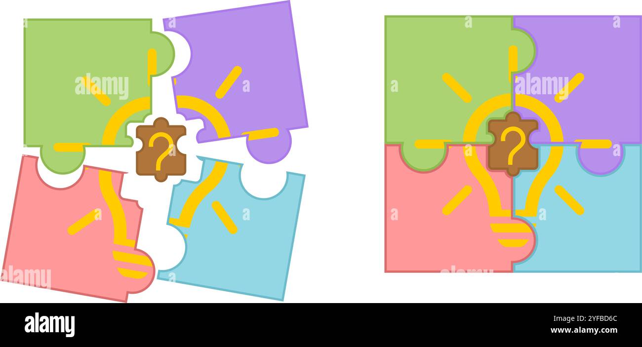 Puzzleteile mit Glühlampe. Problemlösung und Erfolg Teamwork-Konzept. Vektorillustration isoliert auf weißem Hintergrund. Stock Vektor
