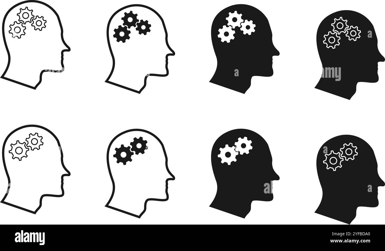 Menschlicher Kopf mit Zahnrädern. Konzept für Brainstorming oder Realisierung von Fähigkeiten, Vektorillustration isoliert auf weißem Hintergrund. Stock Vektor