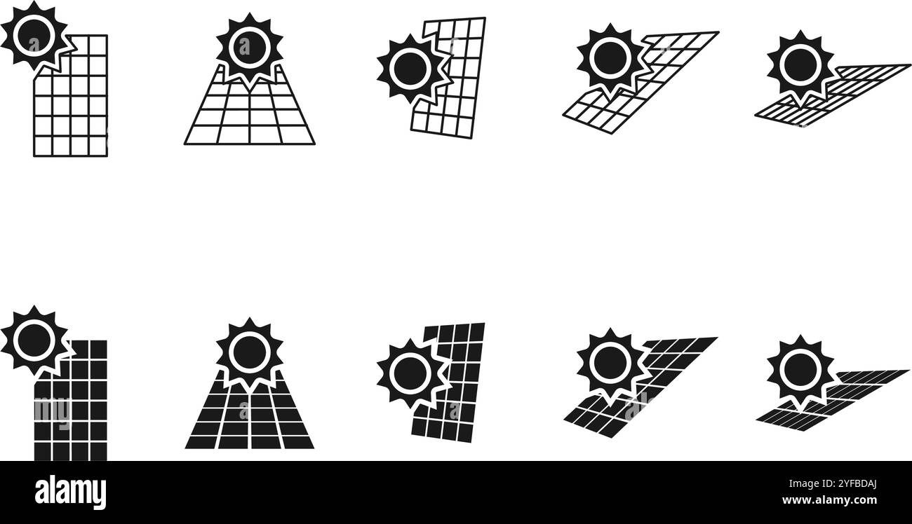 Sonnenenergie-Symbol Set, Sonne mit Sonnenkollektor-Symbol. Vektorillustration isoliert auf weißem Hintergrund. Stock Vektor
