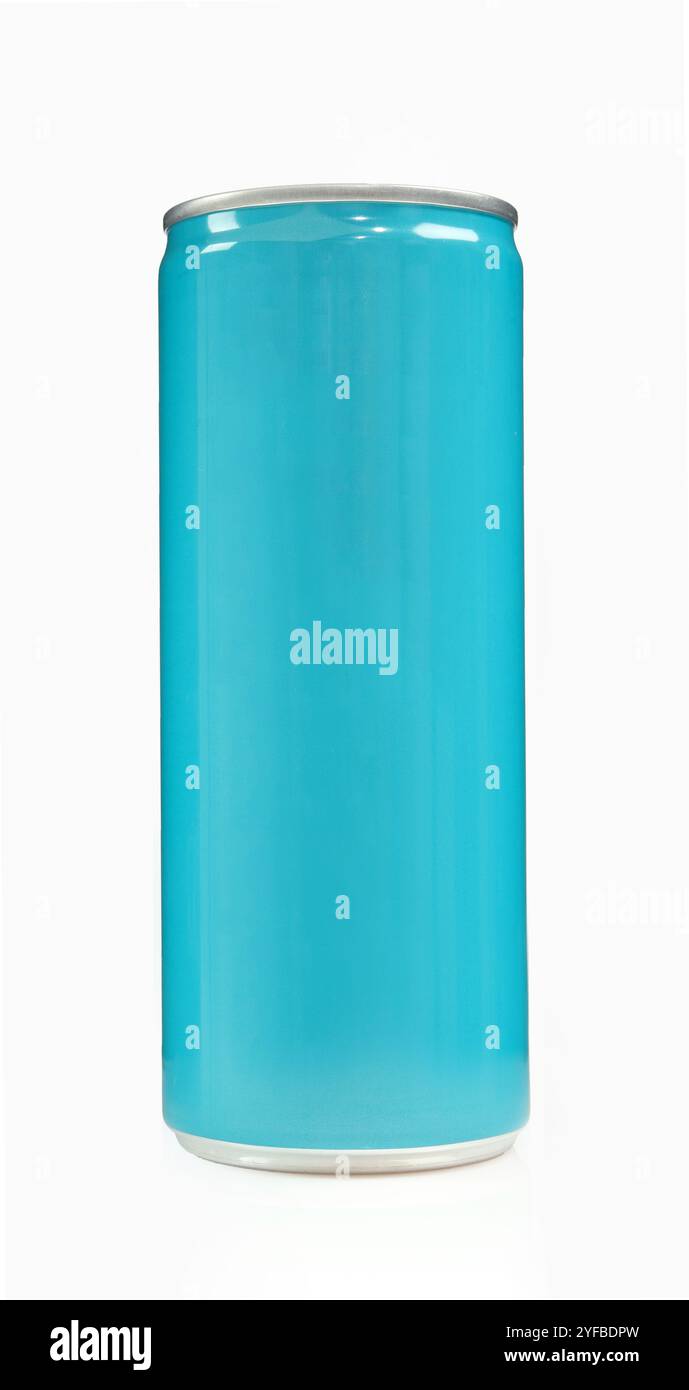 Hellblaue leere Dose isoliert auf weißem Hintergrund. Aluminium-Getränkedose Stockfoto