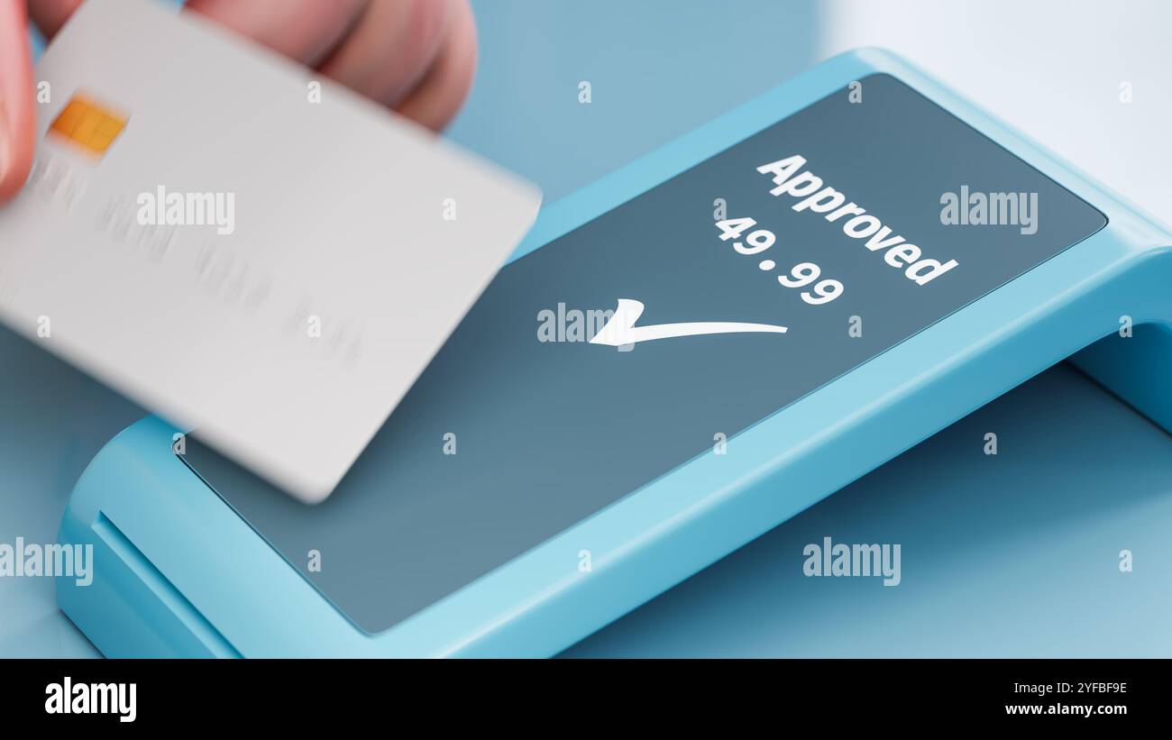 Kreditkartentransaktion. Eine neutrale kontaktlose Kreditkarte mit gefälschtem Namen und falscher Nummer, die vor einem kontaktlosen Kartenleser verschoben wird. Bewegungsunschärfe. 3 Stockfoto