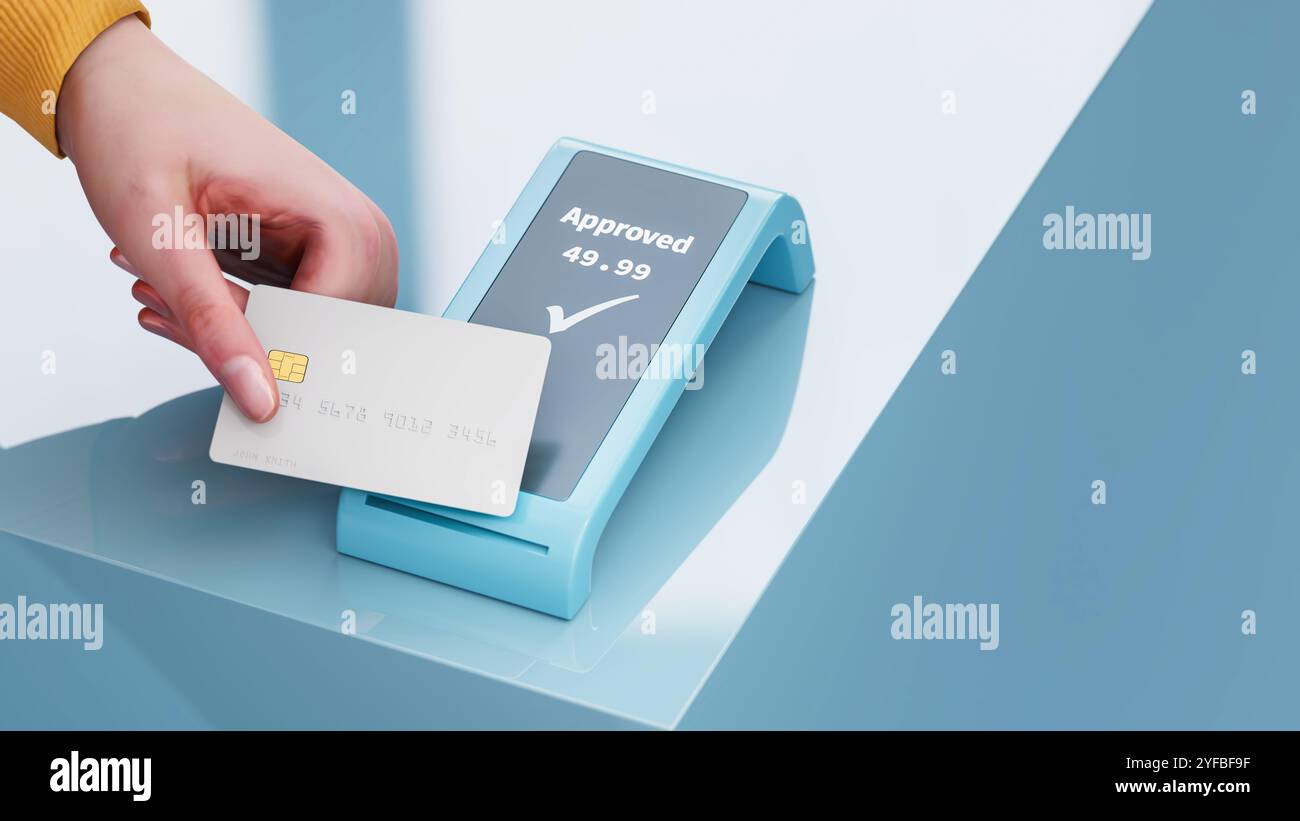 Kreditkartentransaktion. Eine neutrale kontaktlose Kreditkarte mit gefälschtem Namen und falscher Nummer, die vor einem kontaktlosen Kartenleser aufbewahrt wird. 3D-Rendering - Cop Stockfoto