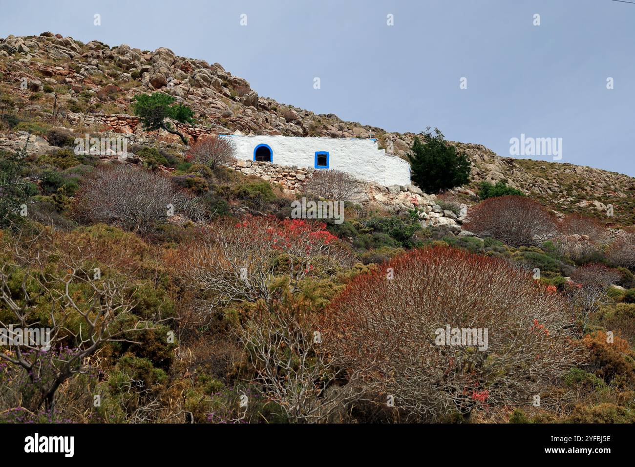 Kleine Kirche, Livadia, Tilos, Dodekanes Inseln, Südliche Ägäis, Griechenland. Stockfoto