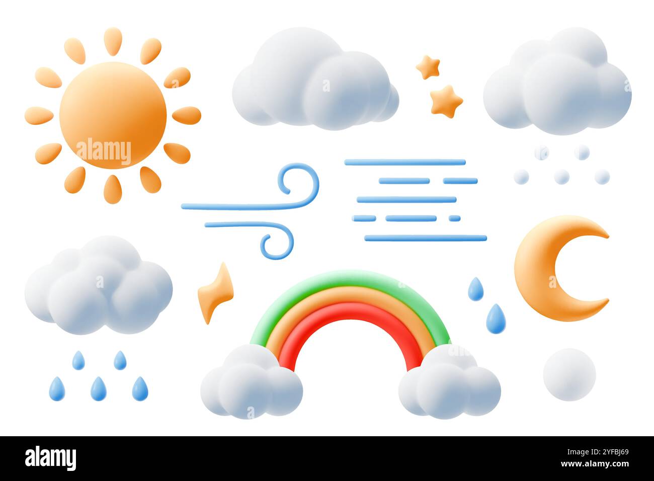 Comic 3D-Wettersymbole. Niedliche Sonne, Mond und Sterne, Wolken und Regenbogen im Kinderstil aus Plastilin. Halbmond- und Windsymbol. Dreidimensionale Tonhülle Stock Vektor