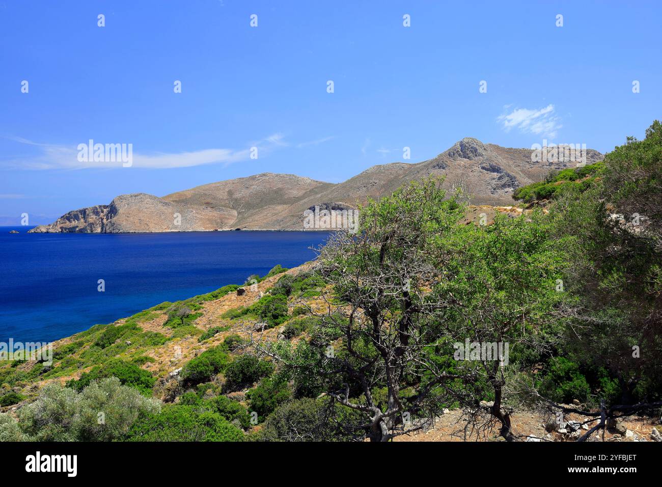 Blick auf Aghios Antonios, Tilos, Dodekanesische Inseln, südliche Ägäis, Griechenland. Stockfoto