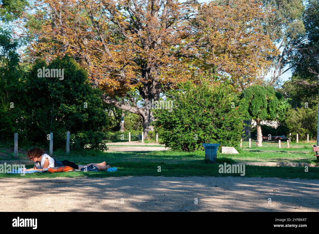 Mädchen lesen auf dem Rasen des Parc Longchamp, einem historischen Ort in Marseille, wo Sie etwas Ruhe verbringen können. Place Henri-Dunant. Stockfoto