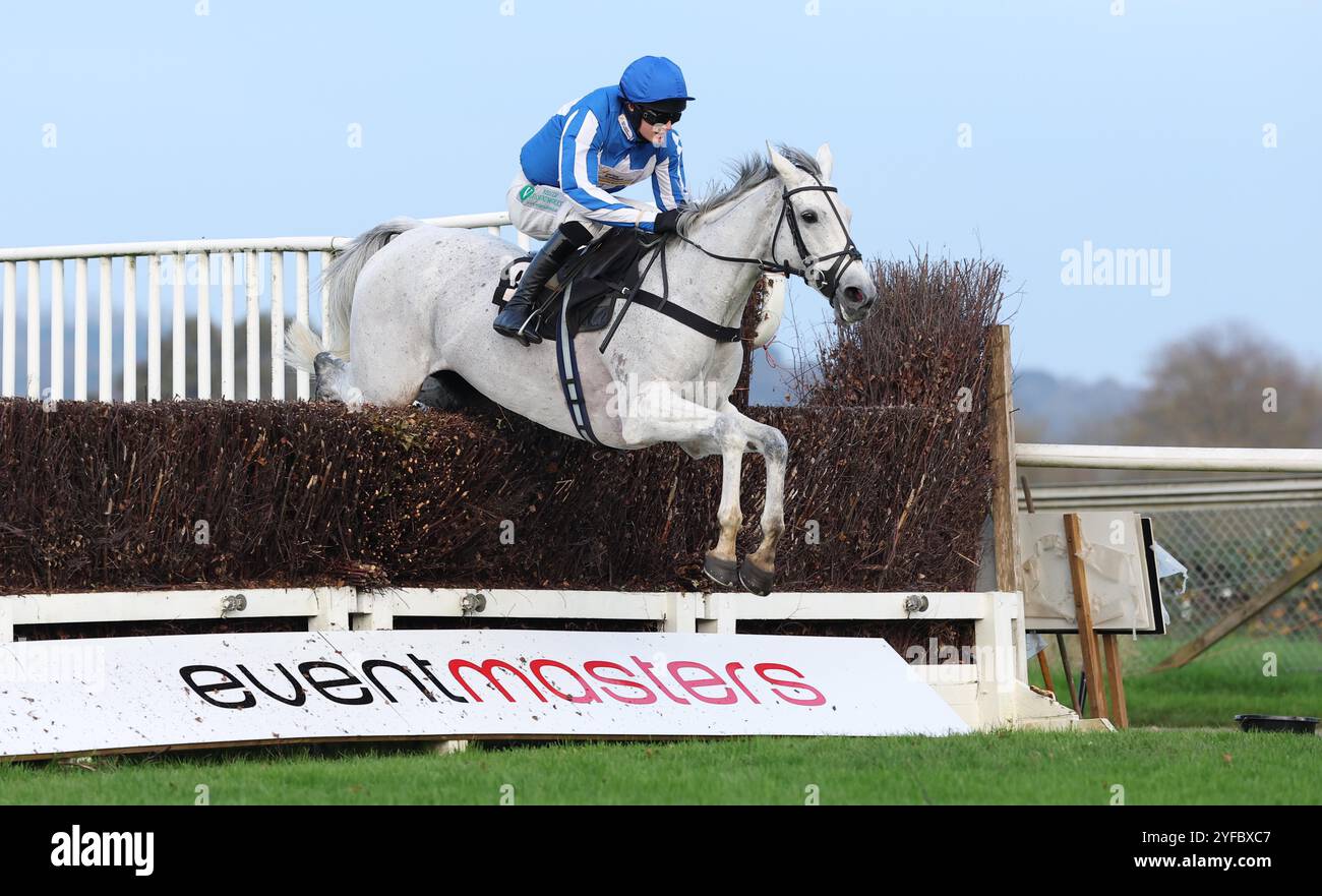 Plumpton, Großbritannien. November 2024. Sacre Coeur Riden von Tristan Durrell räumt einen frühen Zaun, bevor er die Littlehampton Welding Ltd Handicap Chase auf der Plumpton Racecourse gewann. Quelle: James Boardman/Alamy Live News Stockfoto