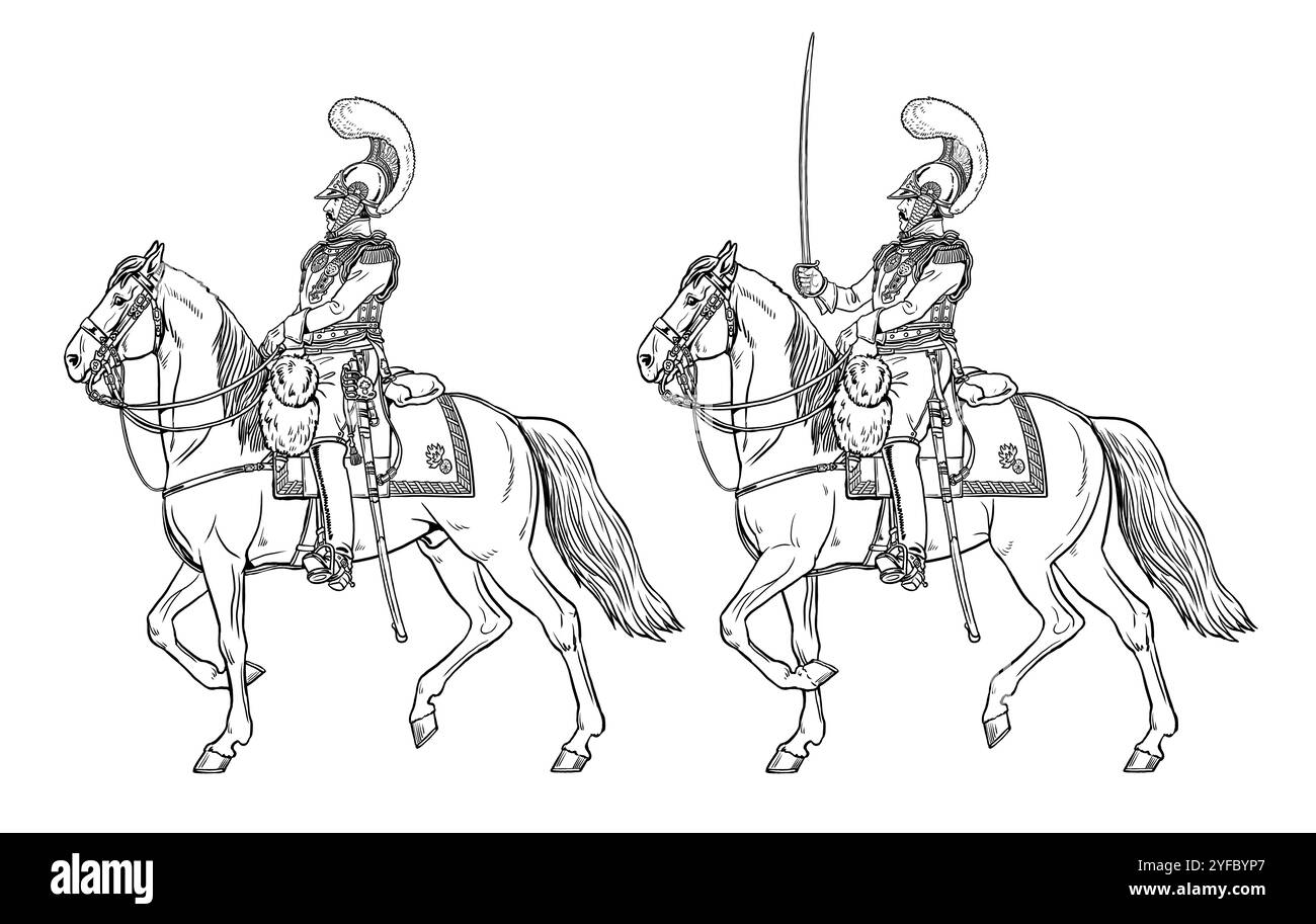 Französische schwere Kavallerie - Carabiniers. Berittener Soldat der Napoleonischen Armee. Historische Zeichnung zum Ausmalen. Stockfoto