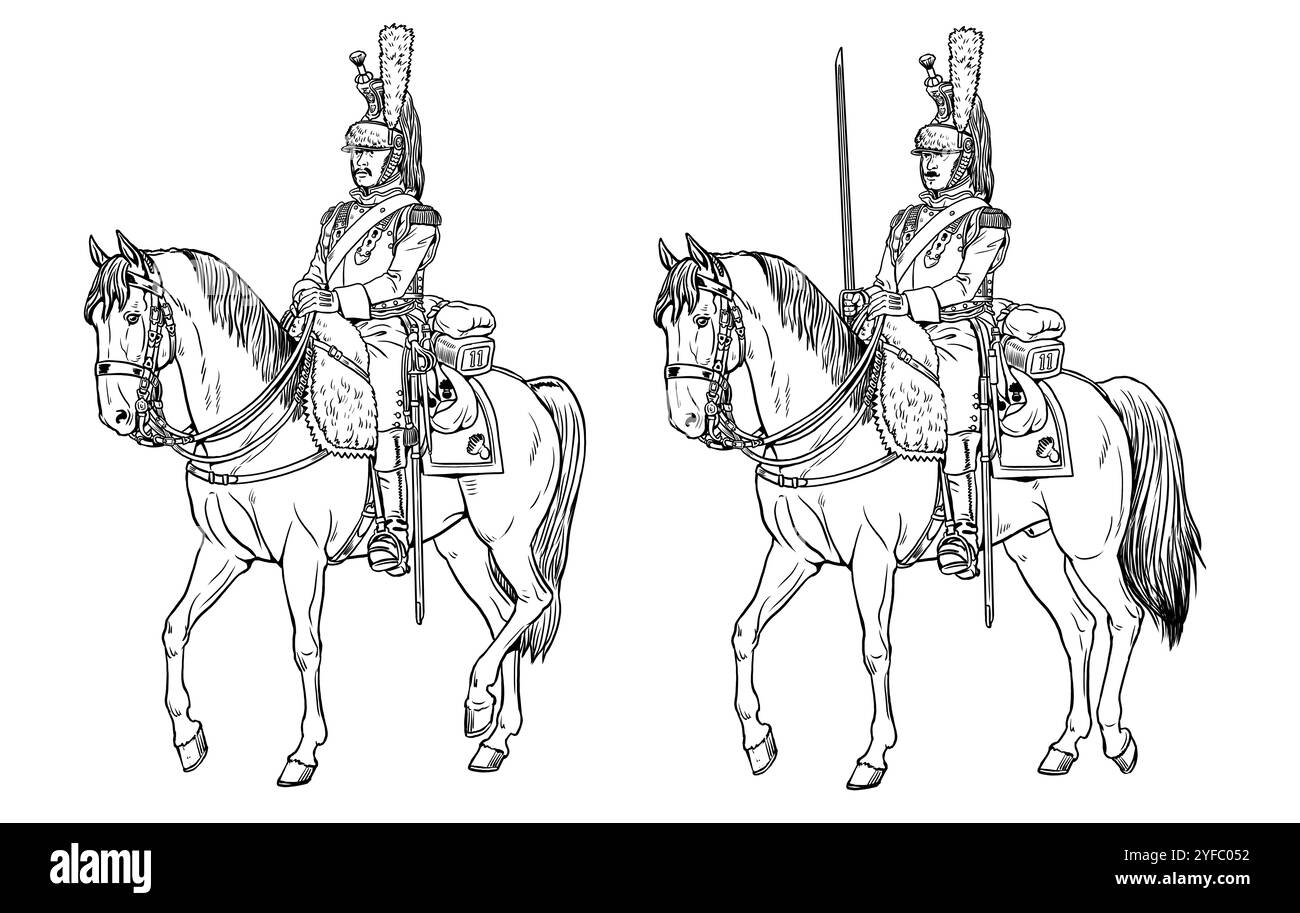 Französische schwere Kavallerie - Kürassier. Berittener Soldat der Napoleonischen Armee. Historische Zeichnung zum Ausmalen. Stockfoto