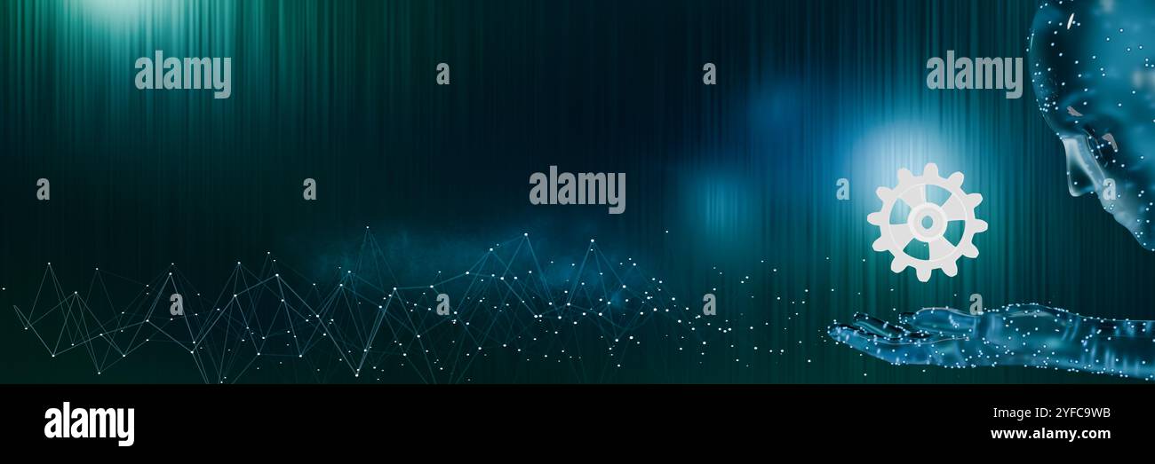 Das Konzept der künstlichen Intelligenzentwicklung. Roboter in Form einer transparenten Person schaut auf ein Getriebe. 3D-Rendering Stockfoto