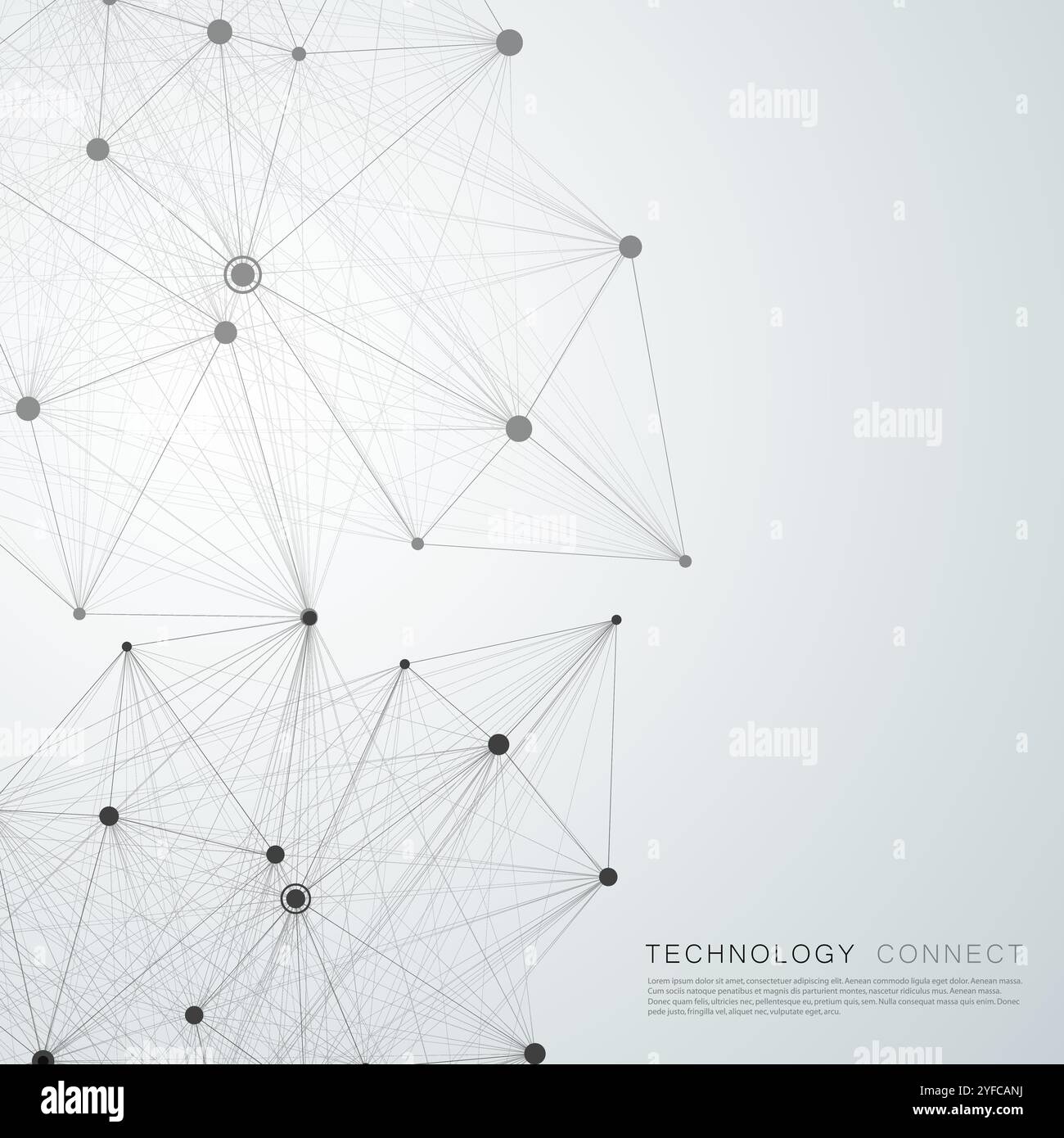 Abstraktes Molekül schwarzer Farbe mit großen und kleinen Punkten, das links auf weißem Hintergrund liegt Stock Vektor