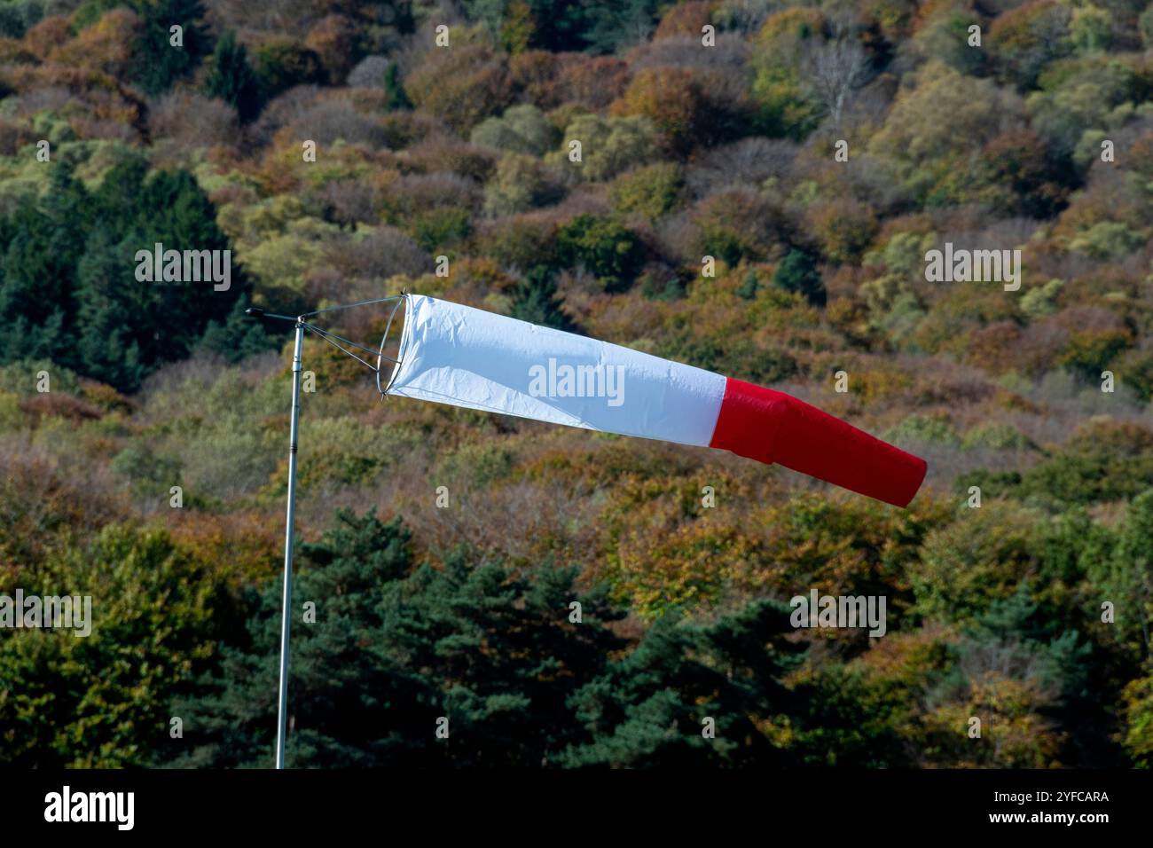 Ein Windsock weht in den Wind und zeigt Windrichtung und Geschwindigkeit an, auf einem Hügel mit Blick auf einen Wald Stockfoto