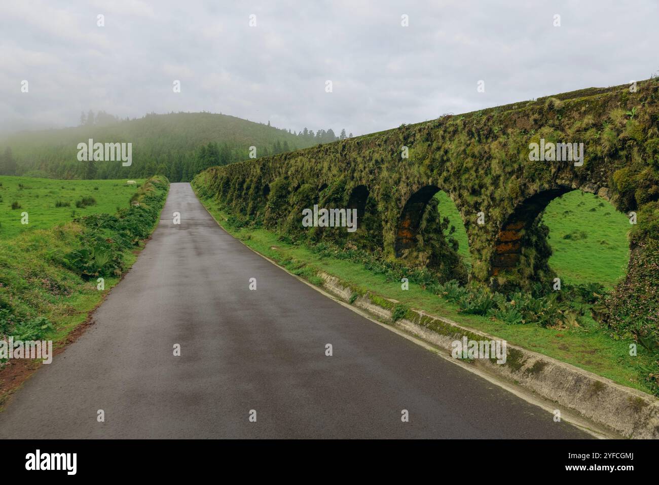 Das Aquädukt und das Muro das Nove Janelas sind zwei beeindruckende Bauwerke, die als historisches Erbe der Insel São Miguel angesehen werden. Stockfoto