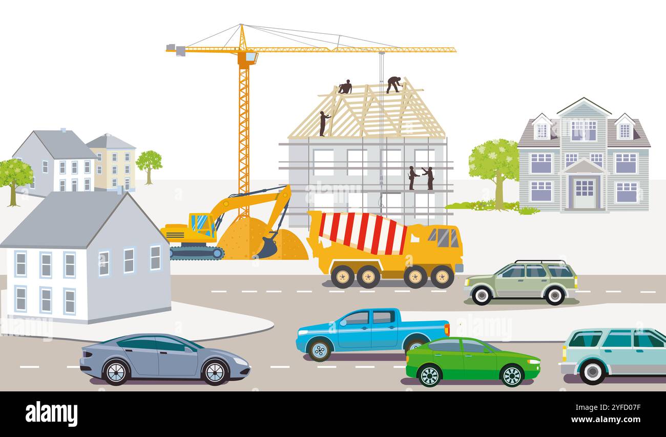 Bauarbeiter bauen ein Haus mit Baumaschinen, Illustration Stockfoto