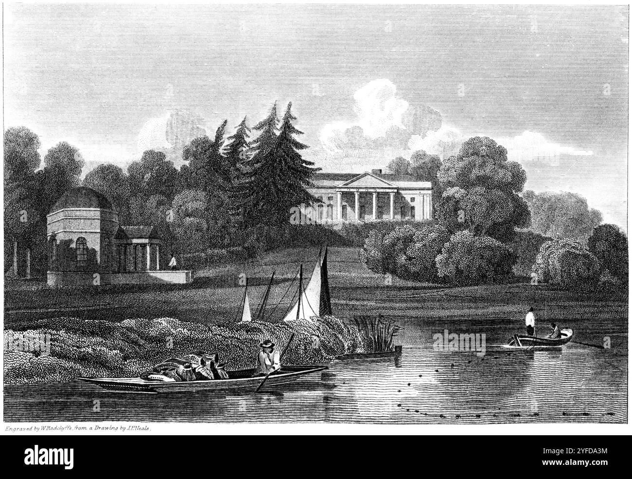 Gravur von Hampton House, dem Sitz von Mrs. Garrick, (Garricks Villa) Middlesex, England Großbritannien, mit hoher Auflösung aus einem Buch, das um 1815 veröffentlicht wurde. Stockfoto