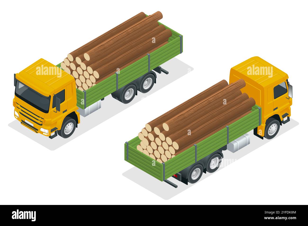 Isometrischer Lkw mit Anhänger mit Baumstämmen. Ein leistungsstarker Sattelauflieger mit einem großen Sattelzugwagen transportiert ein Bündel Baumstämme auf einem speziellen Anhänger Stock Vektor