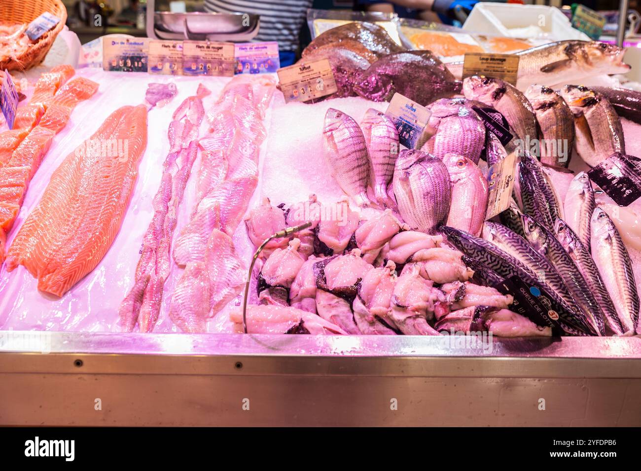 Frischer Fisch, Steinbutt, Meerbarbe, Lachs, Schwarze Brasse, roter porgy und Seeteufel in einem Fischgeschäft auf dem Les Halles Market, Street Food Market in Narbona oder Stockfoto
