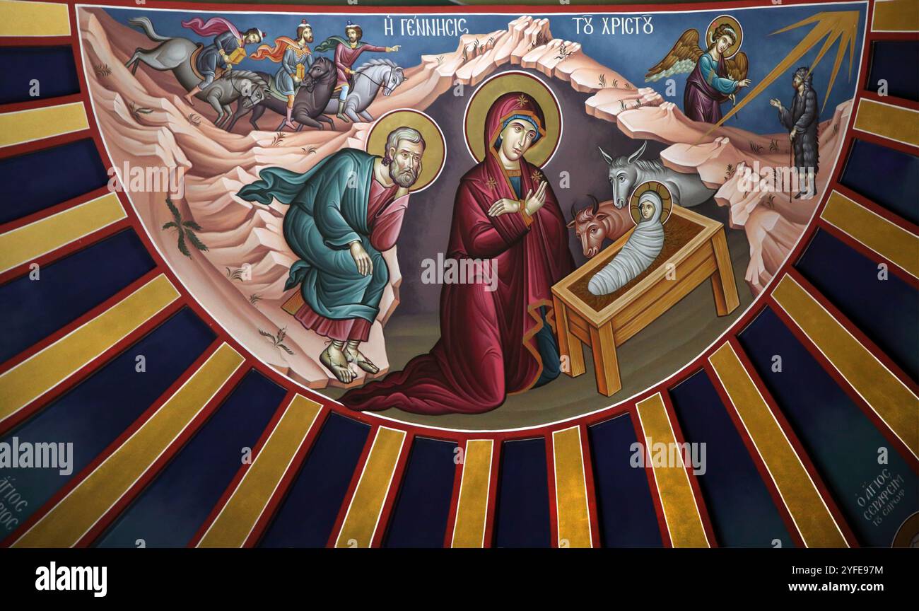 Ikone der Geburt in den Heiligen Konstantin und Helen griechisch orthodoxe Kirche Lazaraki Glyfada Athen Attika Griechenland Stockfoto Ikone der Geburt in den Heiligen Konstantin und Helen griechisch orthodoxe Kirche Lazaraki Glyfada Athen Attika Griechenland Stockfoto