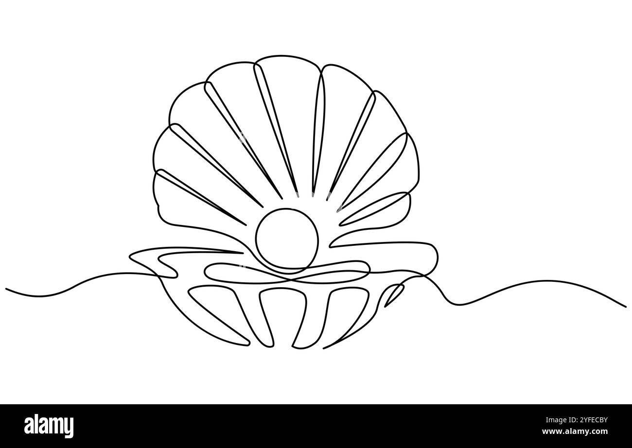 Durchgehende einzeilige Zeichnung einer offenen Austernschale mit Perle. Muschelsymbol und Banner für Beauty Spa und Wellness Salon in einfachem linearen Stil Stock Vektor