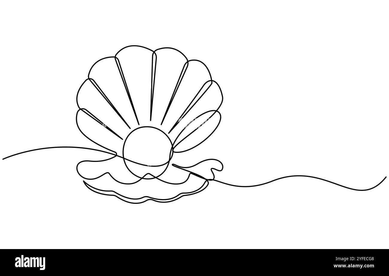 Durchgehende einzeilige Zeichnung einer offenen Austernschale mit Perle. Muschelsymbol und Banner für Beauty Spa und Wellness Salon in einfachem linearen Stil Stock Vektor