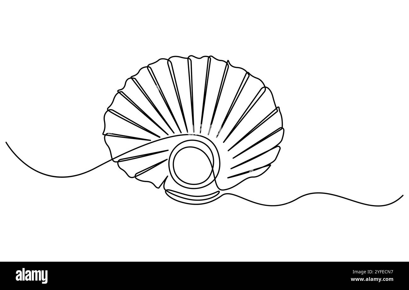 Durchgehende einzeilige Zeichnung einer offenen Austernschale mit Perle. Muschelsymbol und Banner für Beauty Spa und Wellness Salon in einfachem linearen Stil Stock Vektor