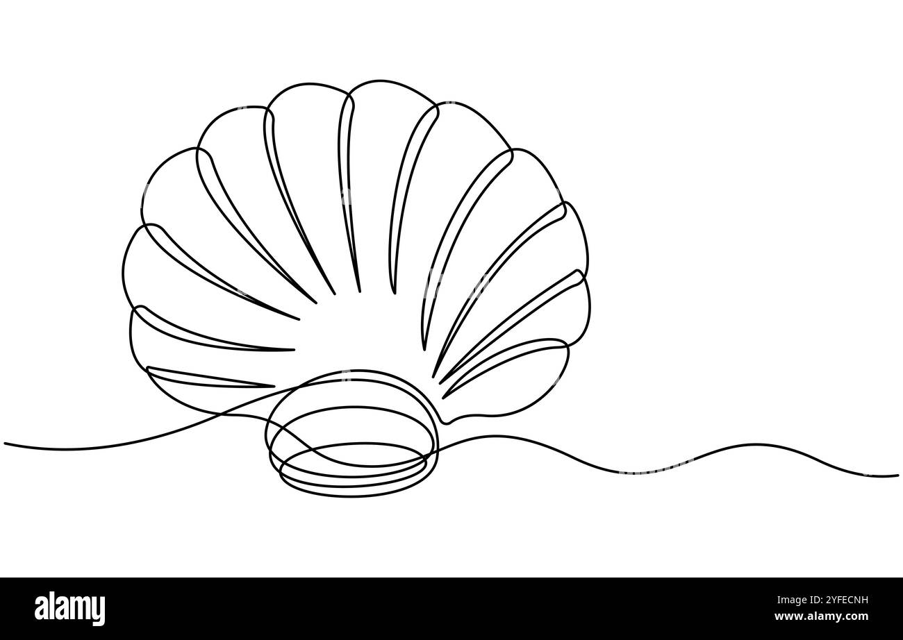 Durchgehende einzeilige Zeichnung einer offenen Austernschale mit Perle. Muschelsymbol und Banner für Beauty Spa und Wellness Salon in einfachem linearen Stil Stock Vektor