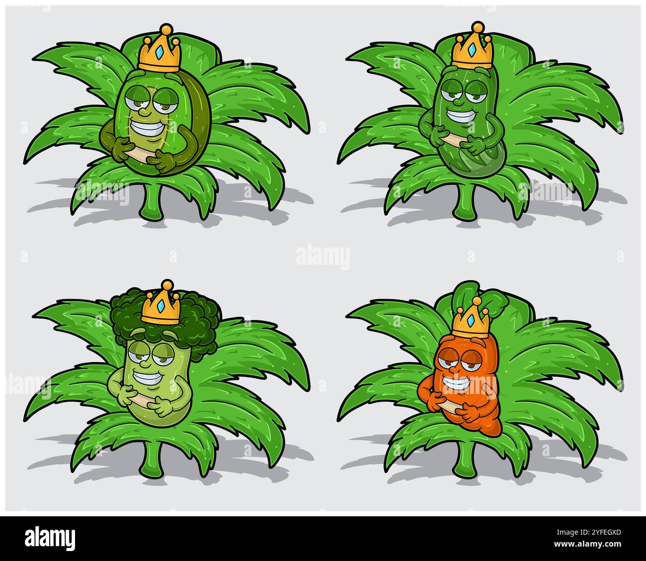 Zeichentrickfiguren von Kiwi, Gurke, Brokkoli und Karotte mit Krone in Weed Leaf. Für Etiketten, Verpackungen, Aufkleber und Produktgeschäft. Vektorillust Stock Vektor