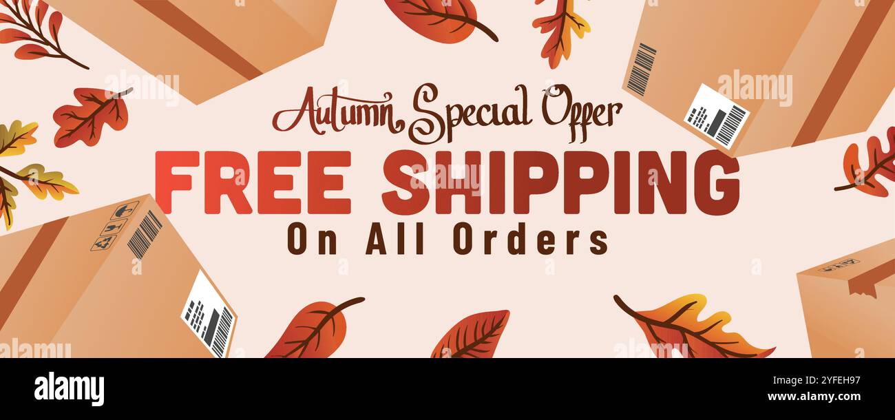 Herbstlaub und Versandpaket. Herbst-Sonderangebot kostenloser Versand auf allen Bestellungen Webbanner Vorlage Vektor Illustration. Stock Vektor